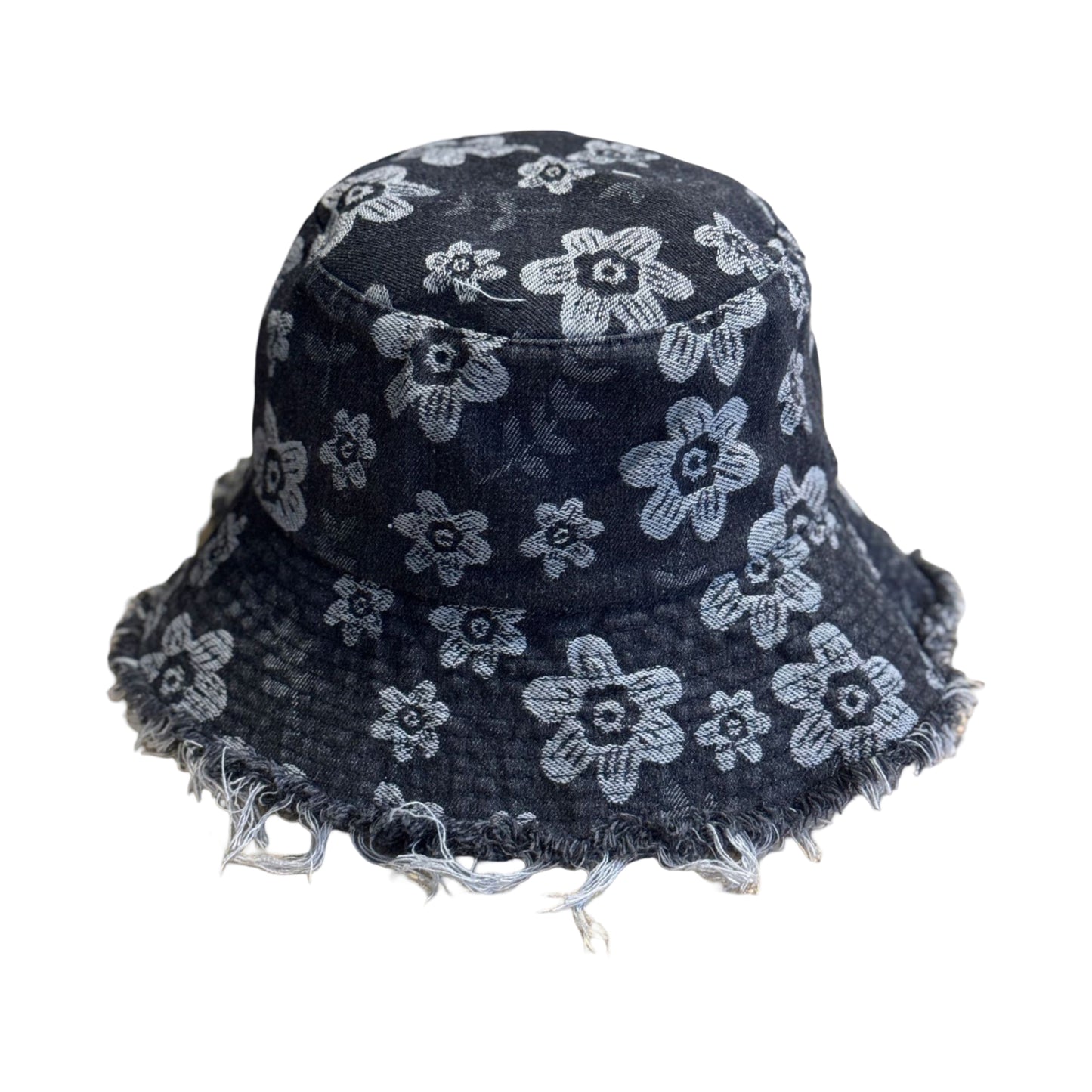 Women Floral Bucket Hat Distressed Edge Casual Denim Style Sun Hat