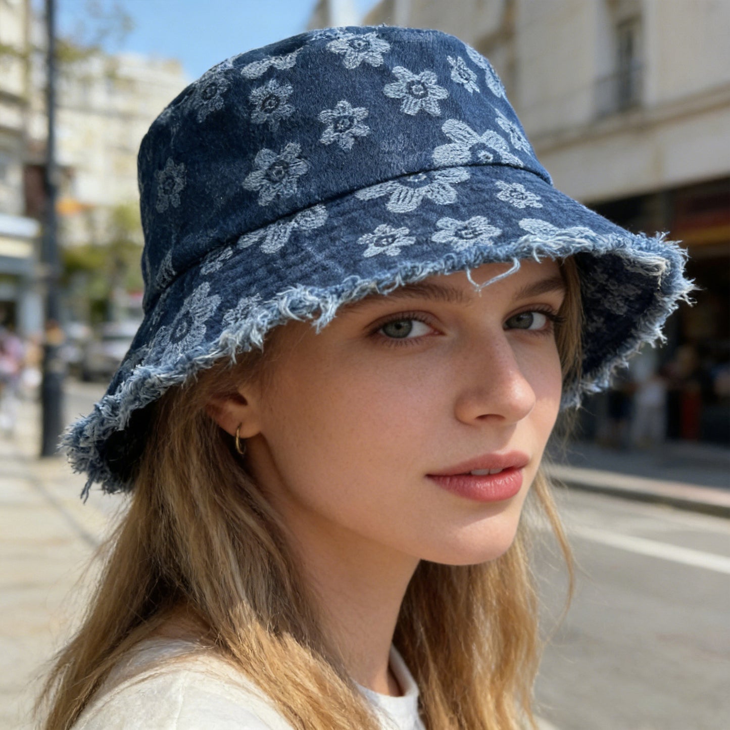 Women Floral Bucket Hat Distressed Edge Casual Denim Style Sun Hat