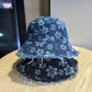 Women Floral Bucket Hat Distressed Edge Casual Denim Style Sun Hat