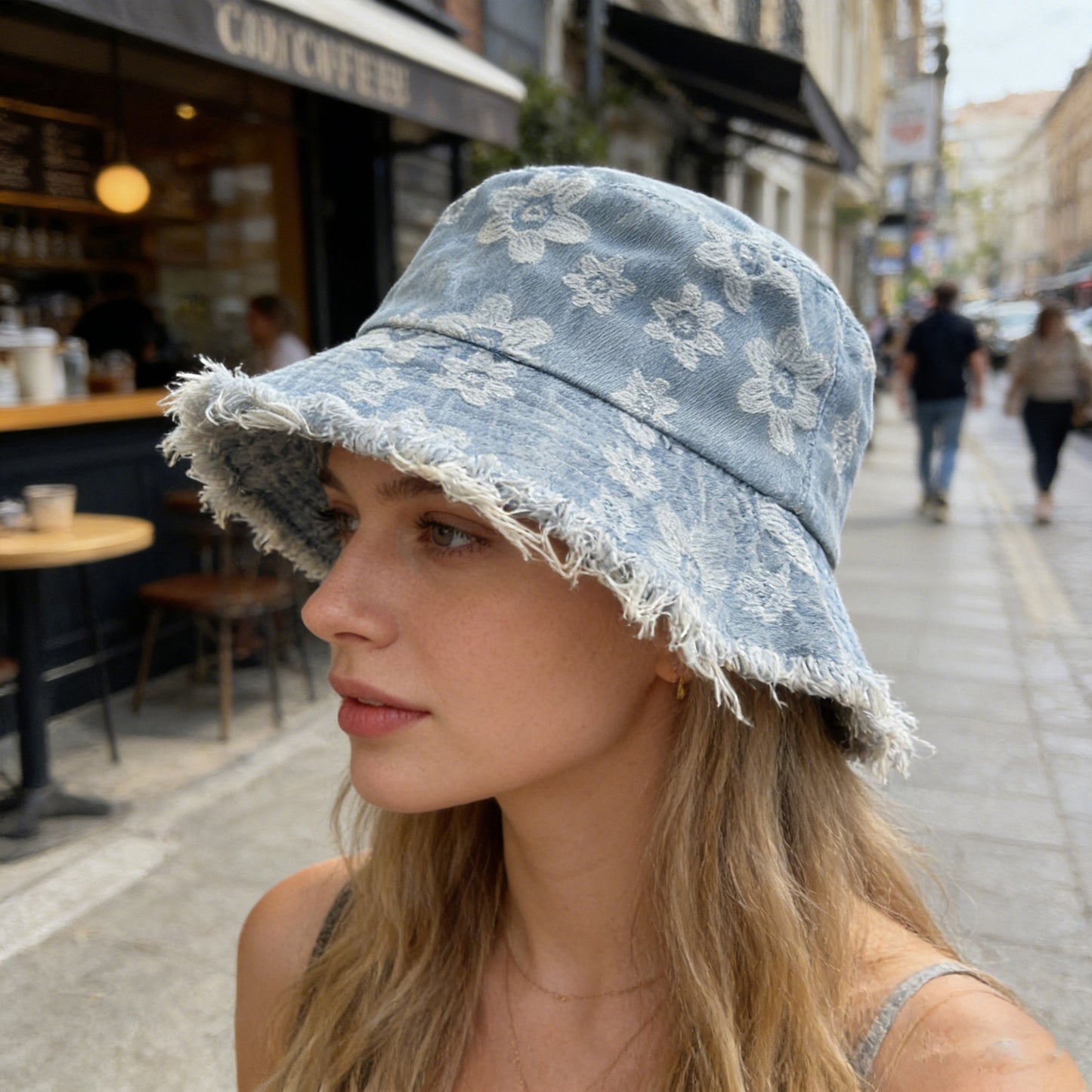 Women Floral Bucket Hat Distressed Edge Casual Denim Style Sun Hat