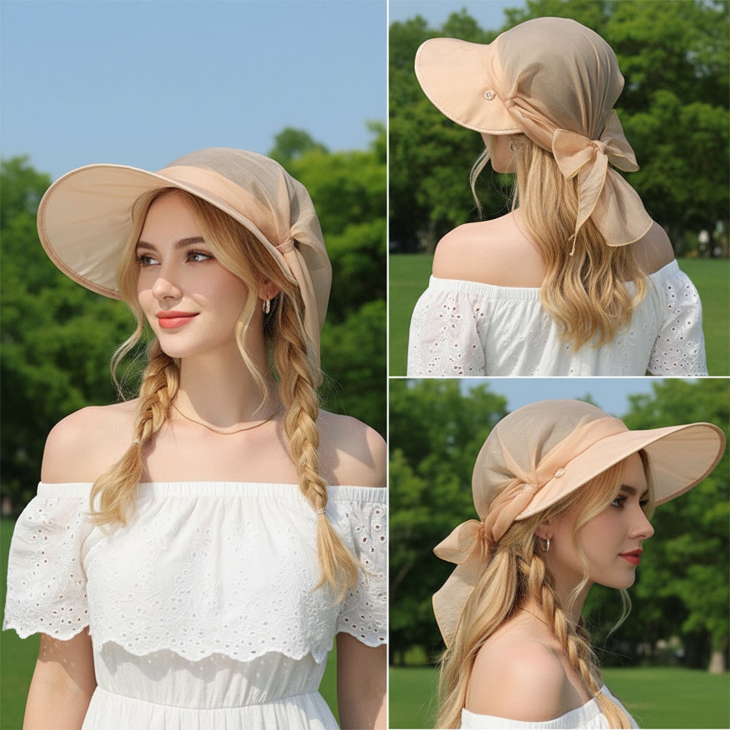 Wide Brim Sun Hat with Neck Flap Convertible Headband UV Protection Summer Hat