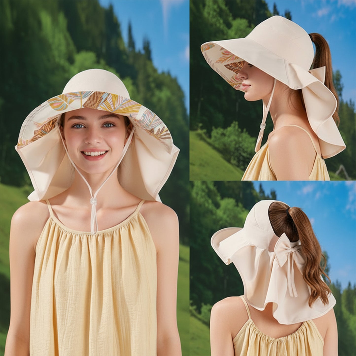 Wide Brim Sun Hat with Ponytail Opening Neck Flap Bow Detail UV Protection Summer Hat