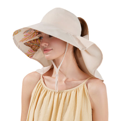 Wide Brim Sun Hat with Ponytail Opening Neck Flap Bow Detail UV Protection Summer Hat