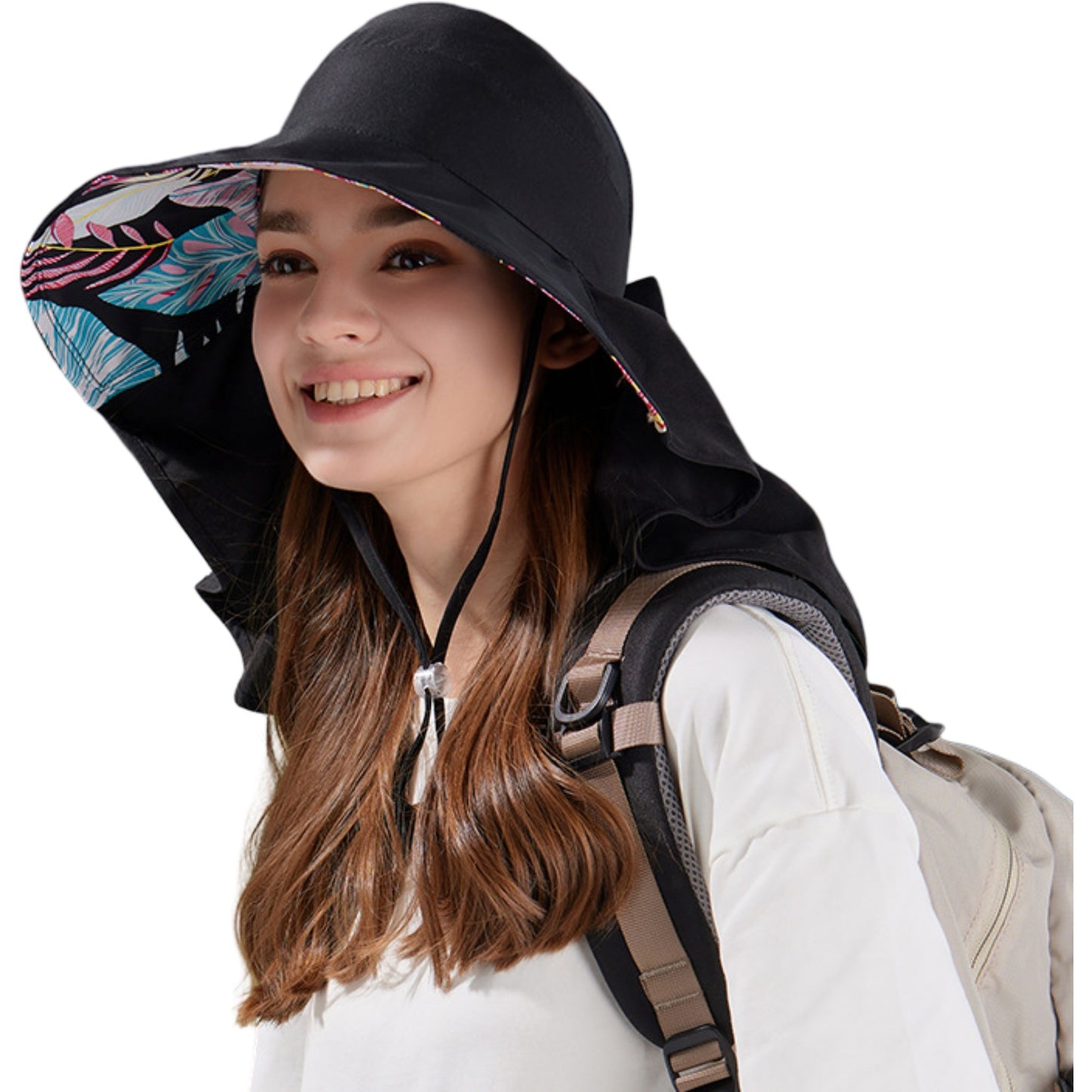 Wide Brim Sun Hat with Ponytail Opening Neck Flap Bow Detail UV Protection Summer Hat