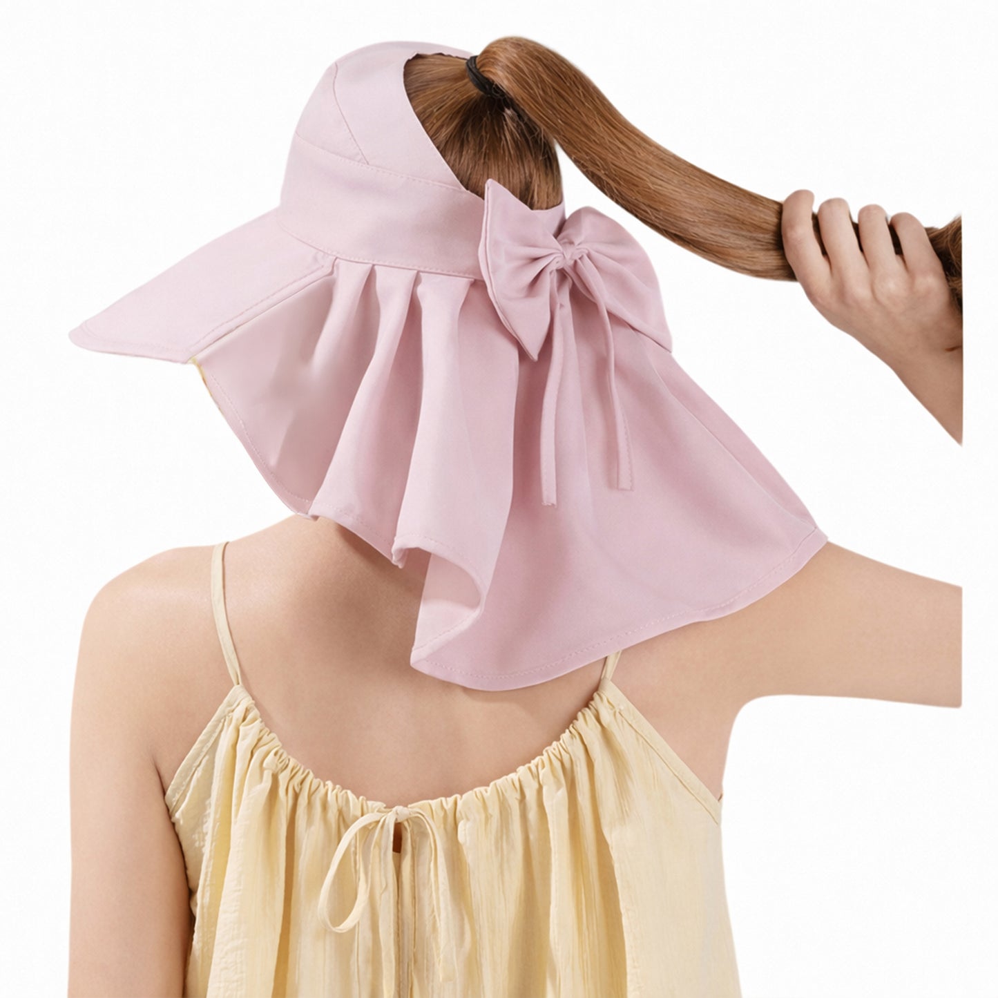 Wide Brim Sun Hat with Ponytail Opening Neck Flap Bow Detail UV Protection Summer Hat