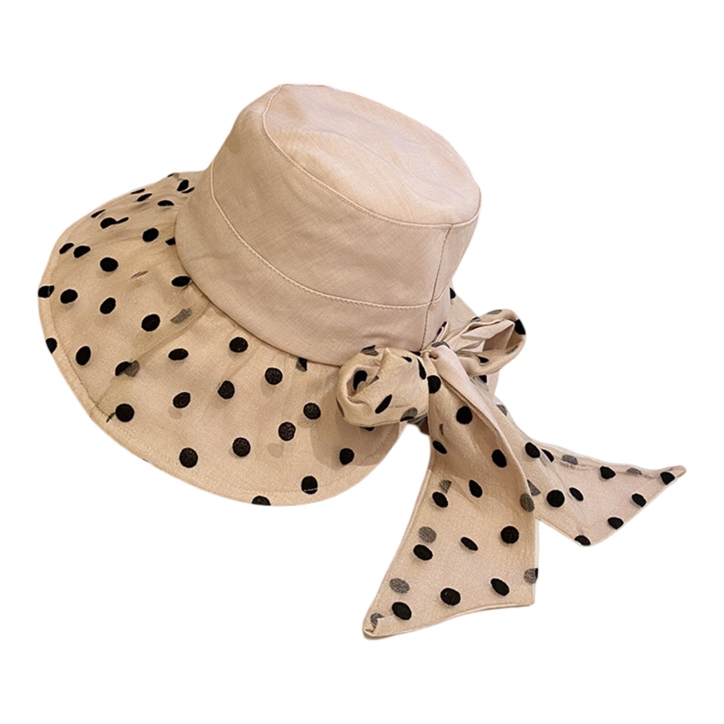 Polka Dot Wide Brim Sun Hat with Bow Detail Elegant Summer Bucket Hat