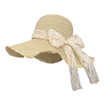 Straw Wide Brim Sun Hat with Lace Bow Detail Elegant Summer Beach Hat