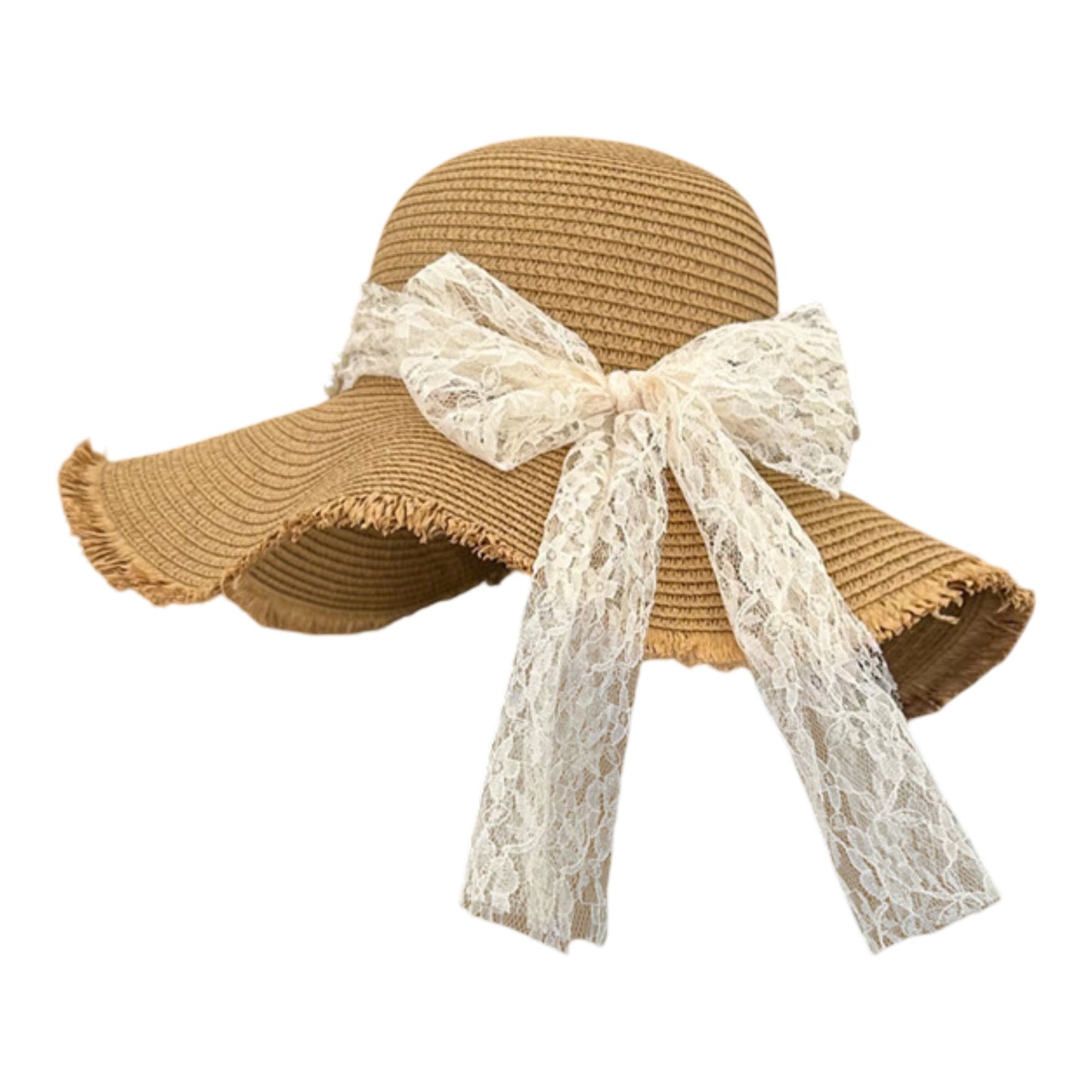 Straw Wide Brim Sun Hat with Lace Bow Detail Elegant Summer Beach Hat