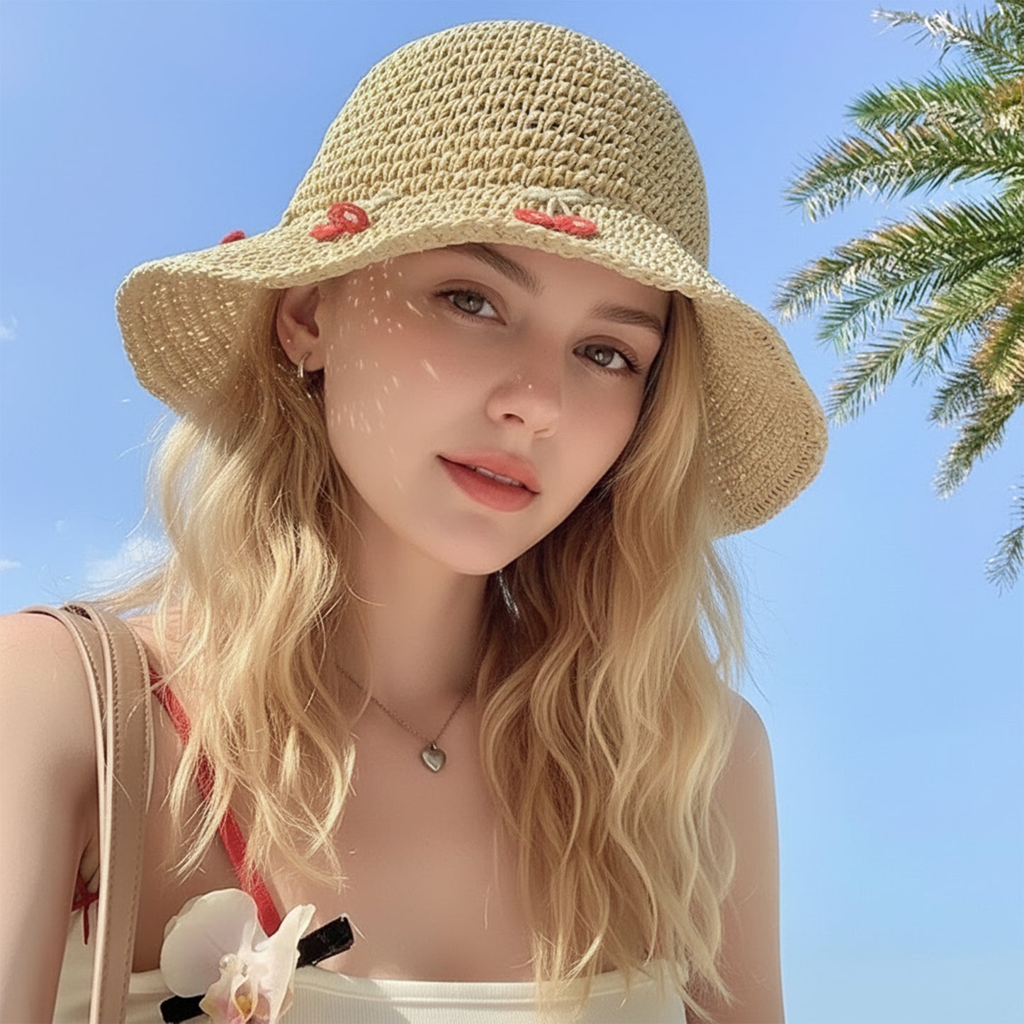 Straw Bucket Hat with Cherry Embroidery Lightweight Breathable Sun Hat Wide Brim Summer Beach Hat