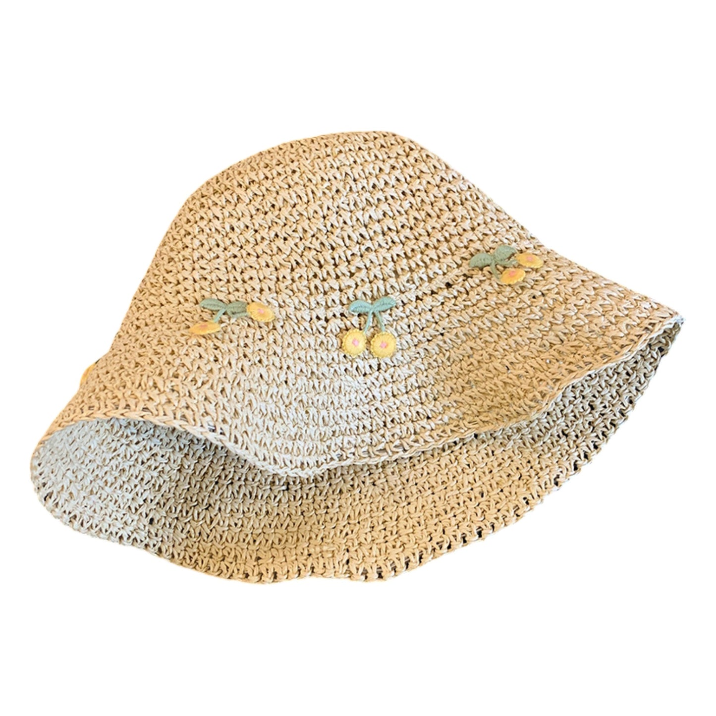 Straw Bucket Hat with Cherry Embroidery Lightweight Breathable Sun Hat Wide Brim Summer Beach Hat