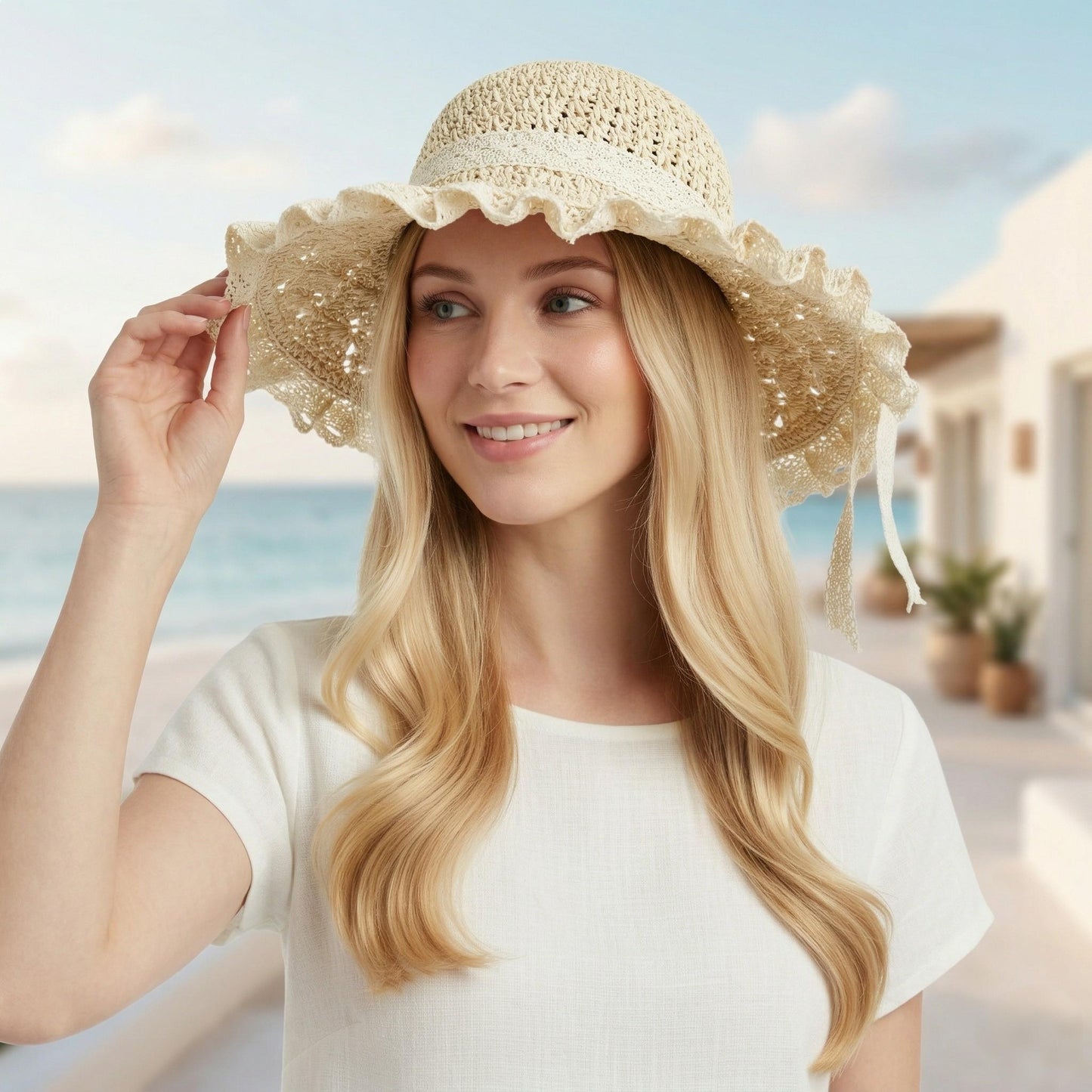 Wide Brim Straw Sun Hat Lace Trim Breathable Floppy Beach Vacation Hat