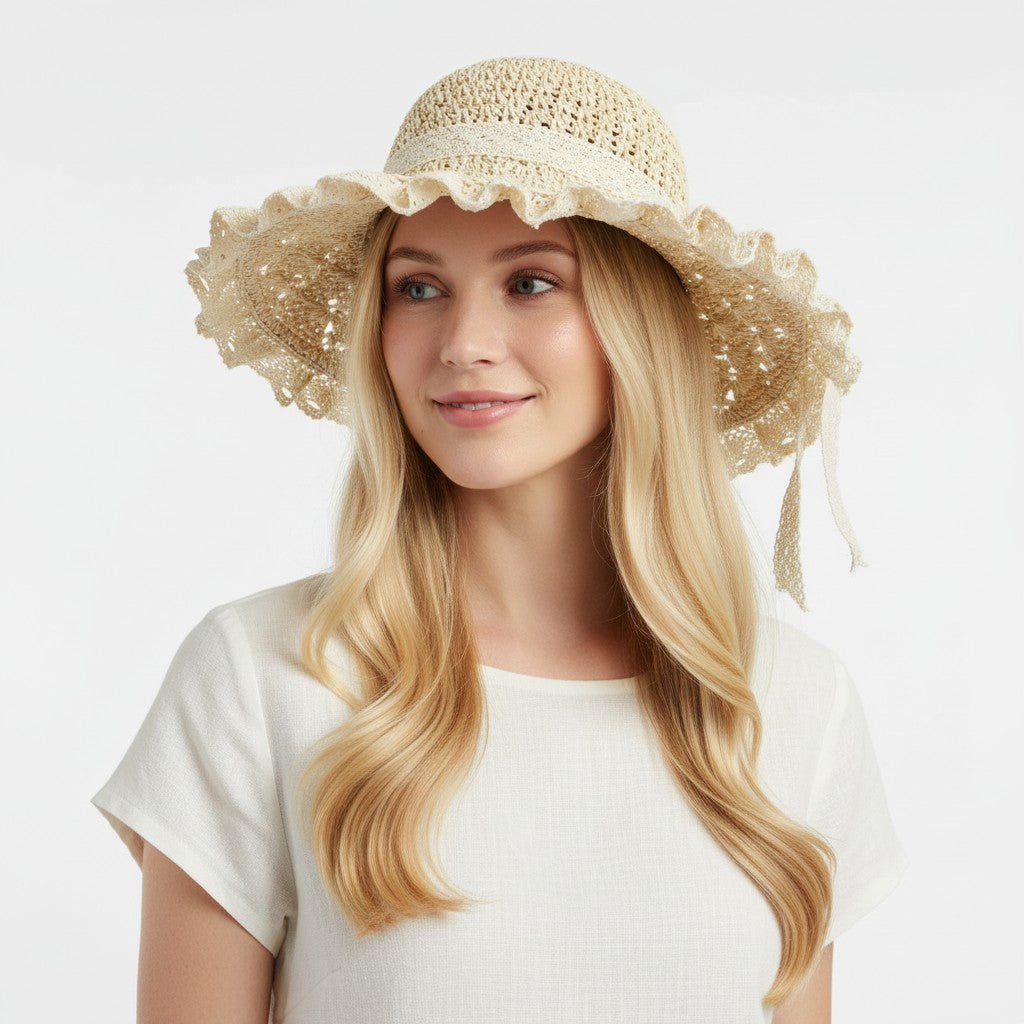 Wide Brim Straw Sun Hat Lace Trim Breathable Floppy Beach Vacation Hat