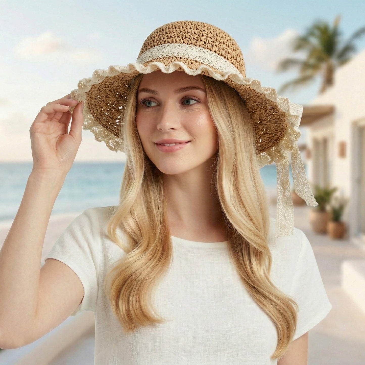 Wide Brim Straw Sun Hat Lace Trim Breathable Floppy Beach Vacation Hat