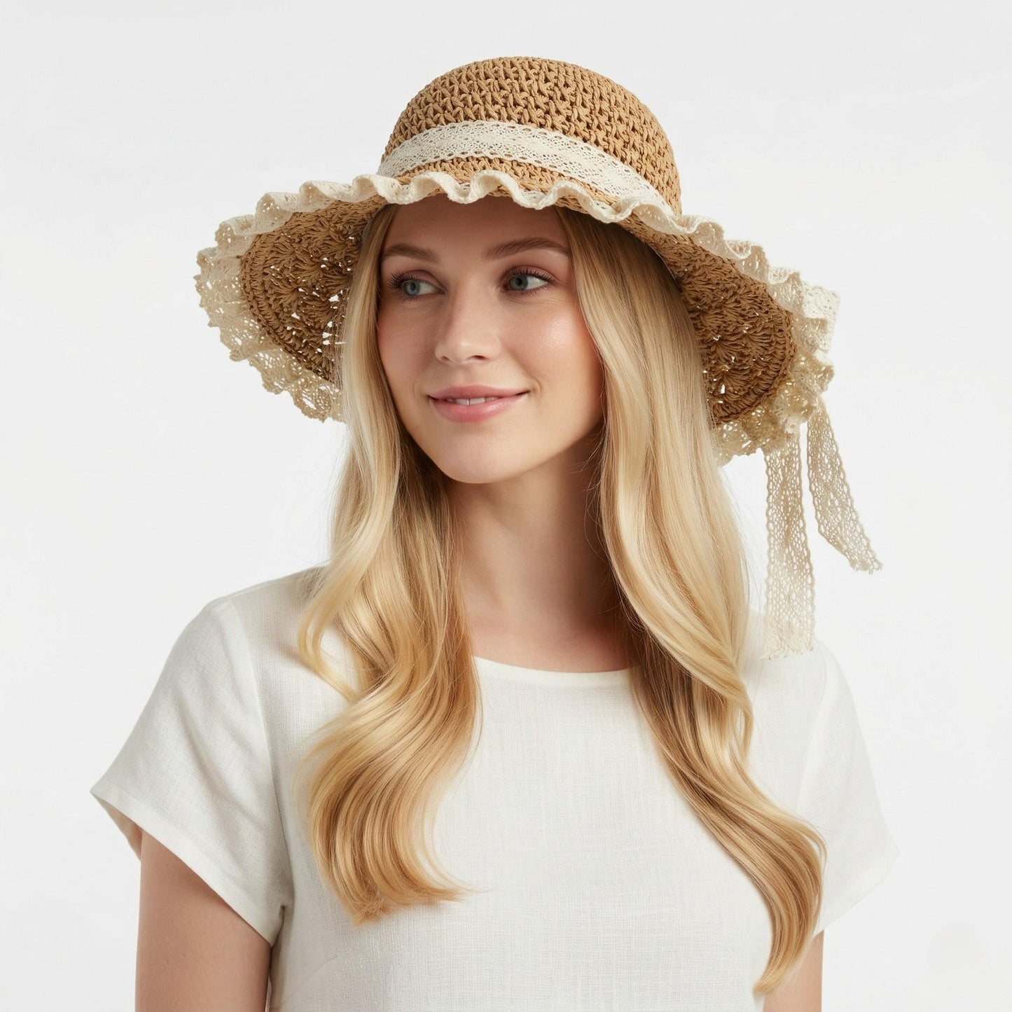 Wide Brim Straw Sun Hat Lace Trim Breathable Floppy Beach Vacation Hat
