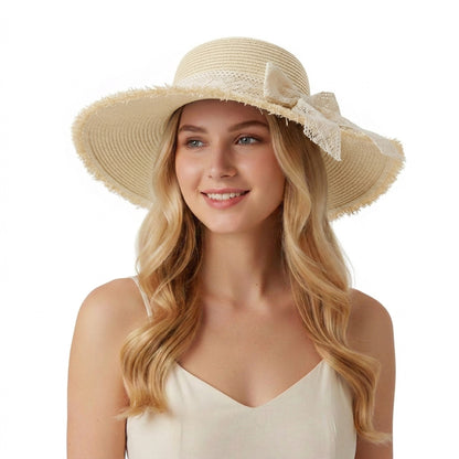Wide Brim Straw Sun Hat with Lace Tie Breathable Summer Beach Floppy Hat