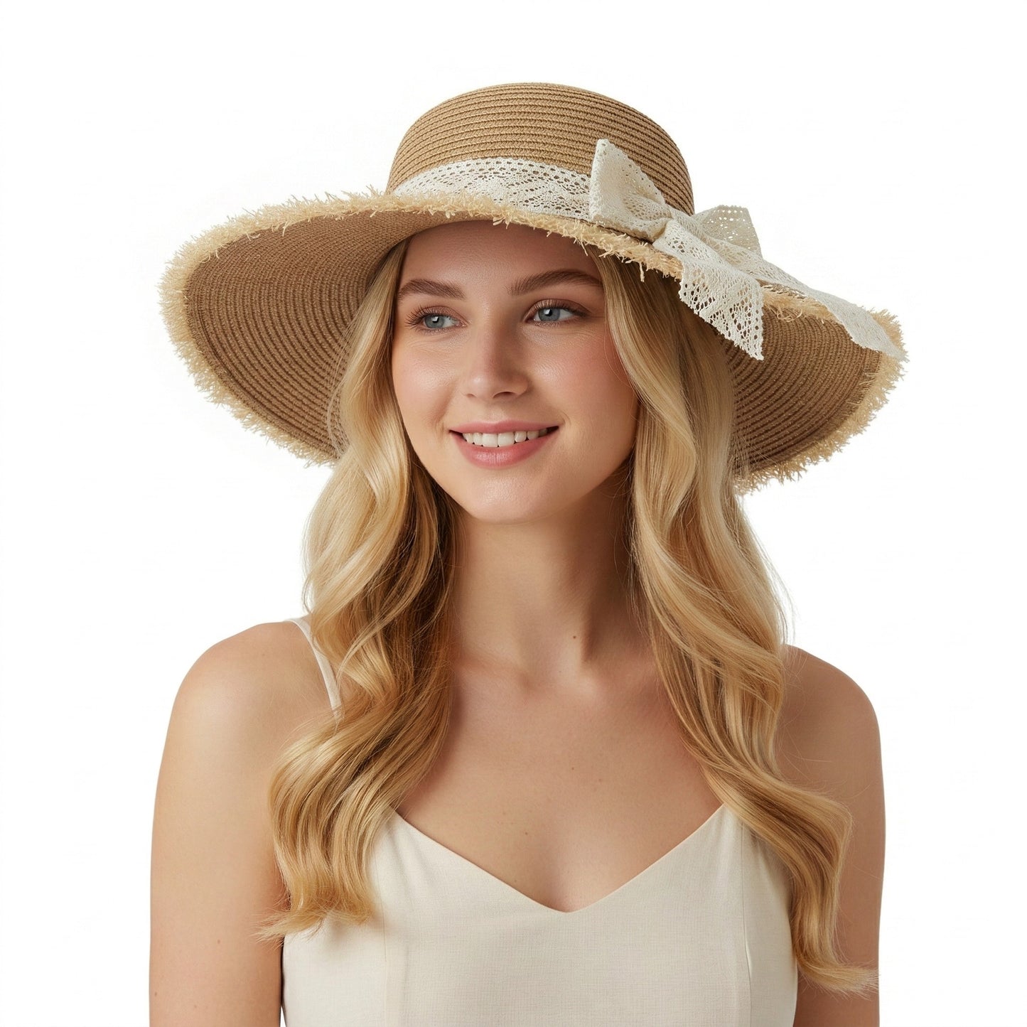 Wide Brim Straw Sun Hat with Lace Tie Breathable Summer Beach Floppy Hat