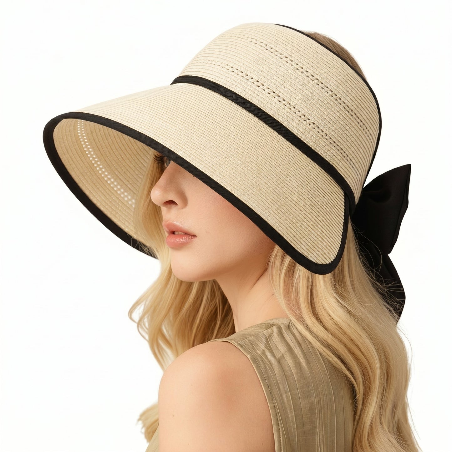 Wide Brim Straw Visor Hat Breathable Foldable Summer Sun Hat Beach Vacation Hat