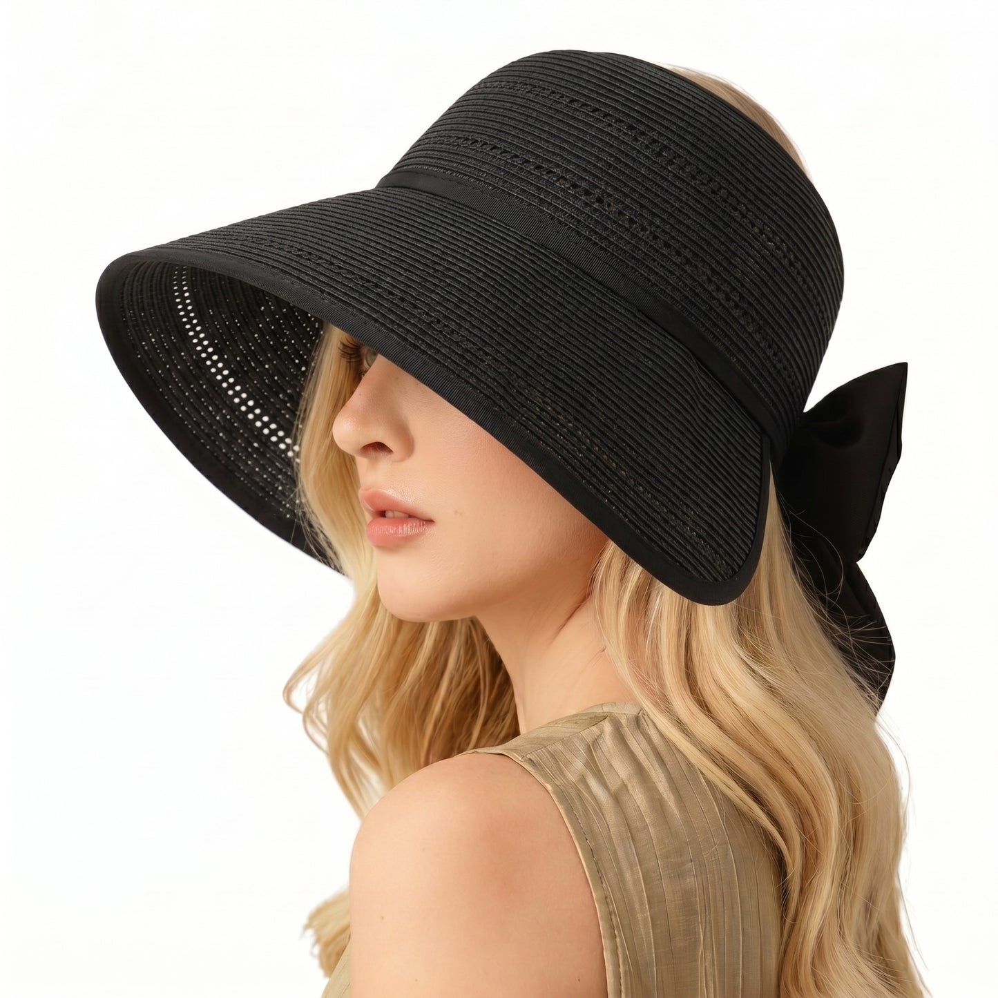 Wide Brim Straw Visor Hat Breathable Foldable Summer Sun Hat Beach Vacation Hat