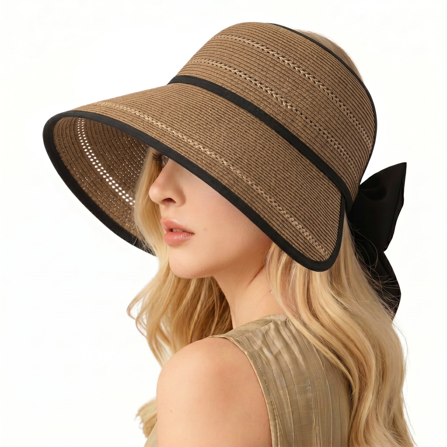 Wide Brim Straw Visor Hat Breathable Foldable Summer Sun Hat Beach Vacation Hat