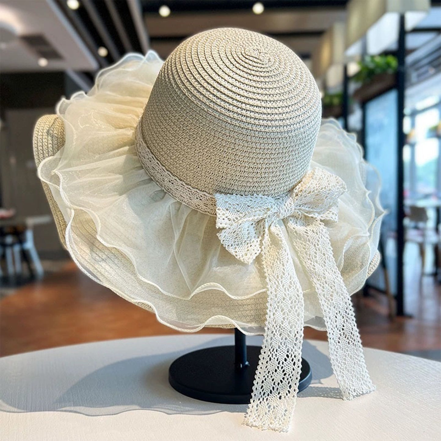 Wide Brim Straw Sun Hat Mesh Trim Elegant Summer Beach Vacation Hat