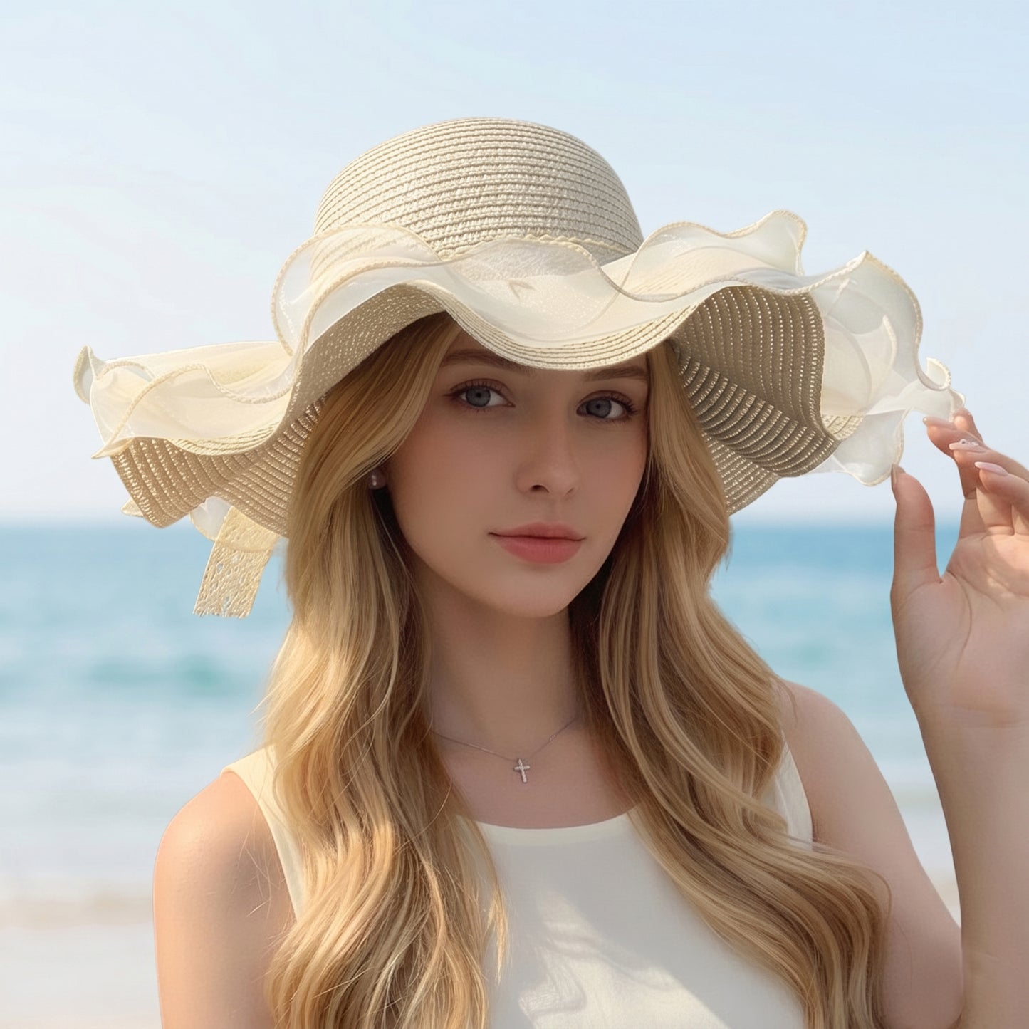 Wide Brim Straw Sun Hat Mesh Trim Elegant Summer Beach Vacation Hat