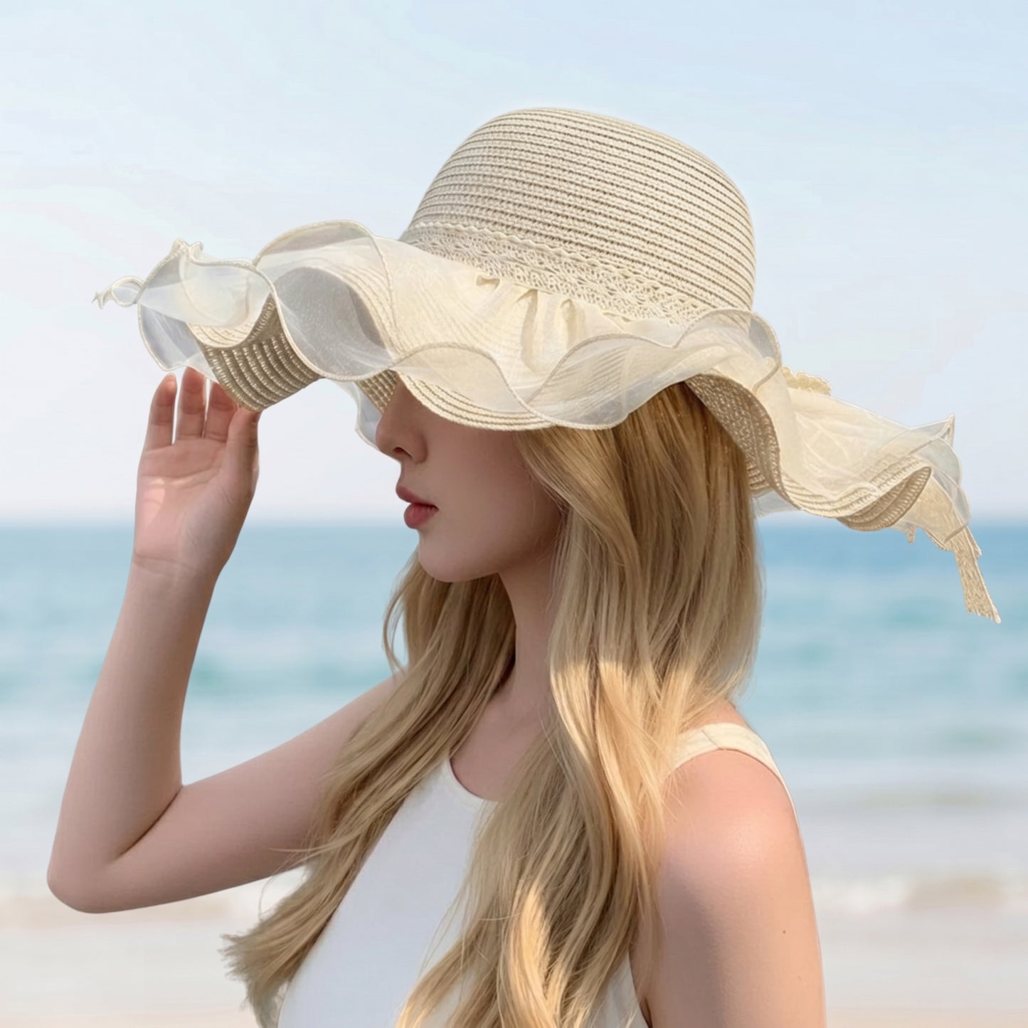 Wide Brim Straw Sun Hat Mesh Trim Elegant Summer Beach Vacation Hat