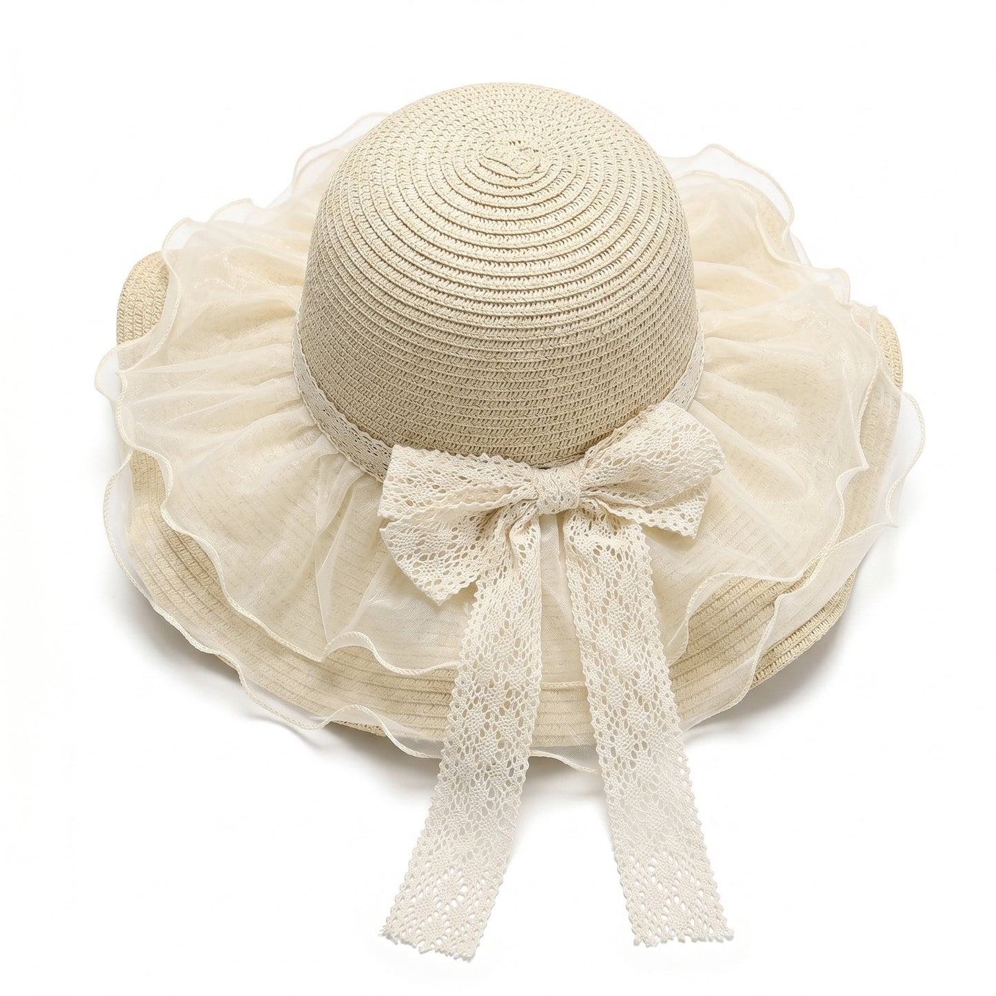 Wide Brim Straw Sun Hat Mesh Trim Elegant Summer Beach Vacation Hat