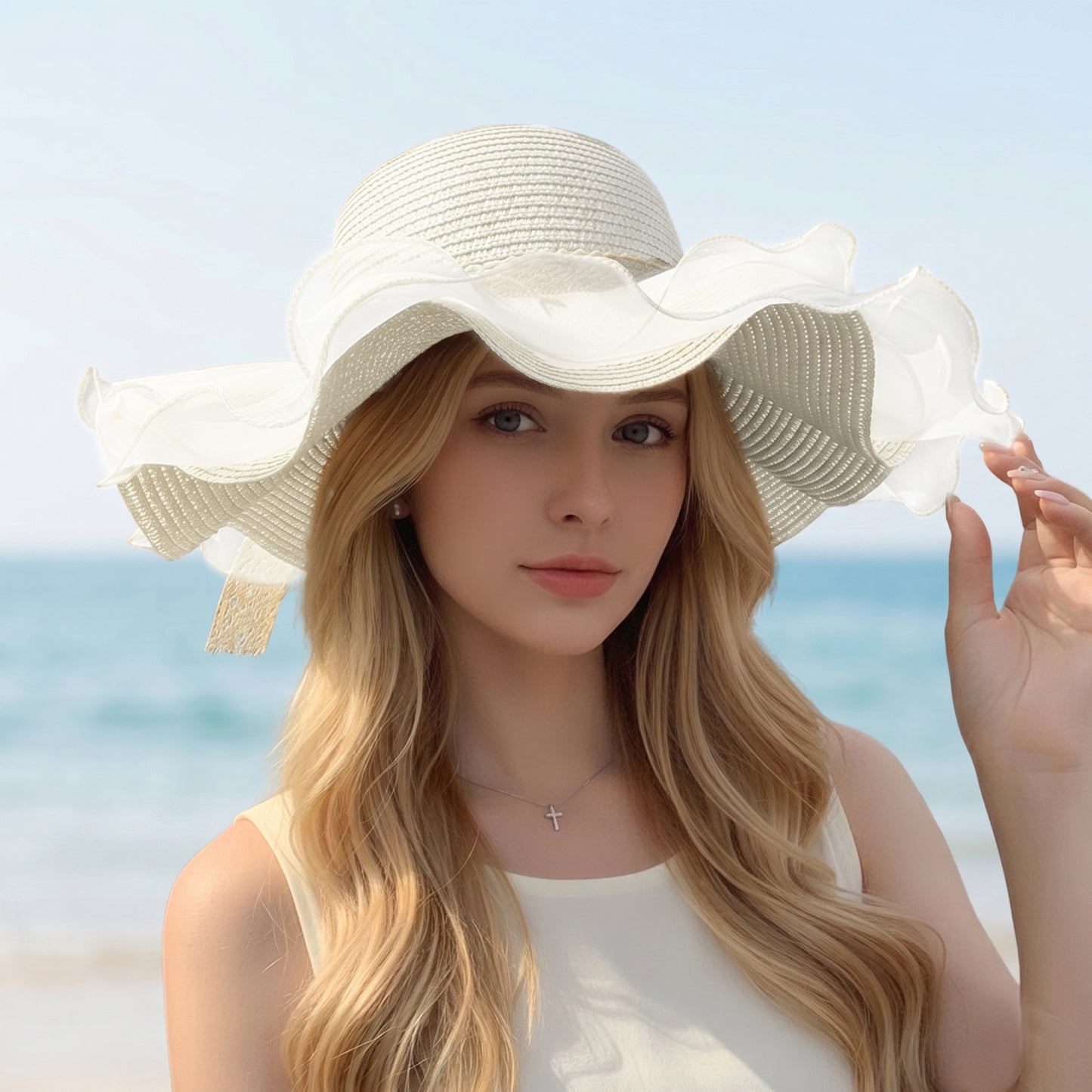 Wide Brim Straw Sun Hat Mesh Trim Elegant Summer Beach Vacation Hat