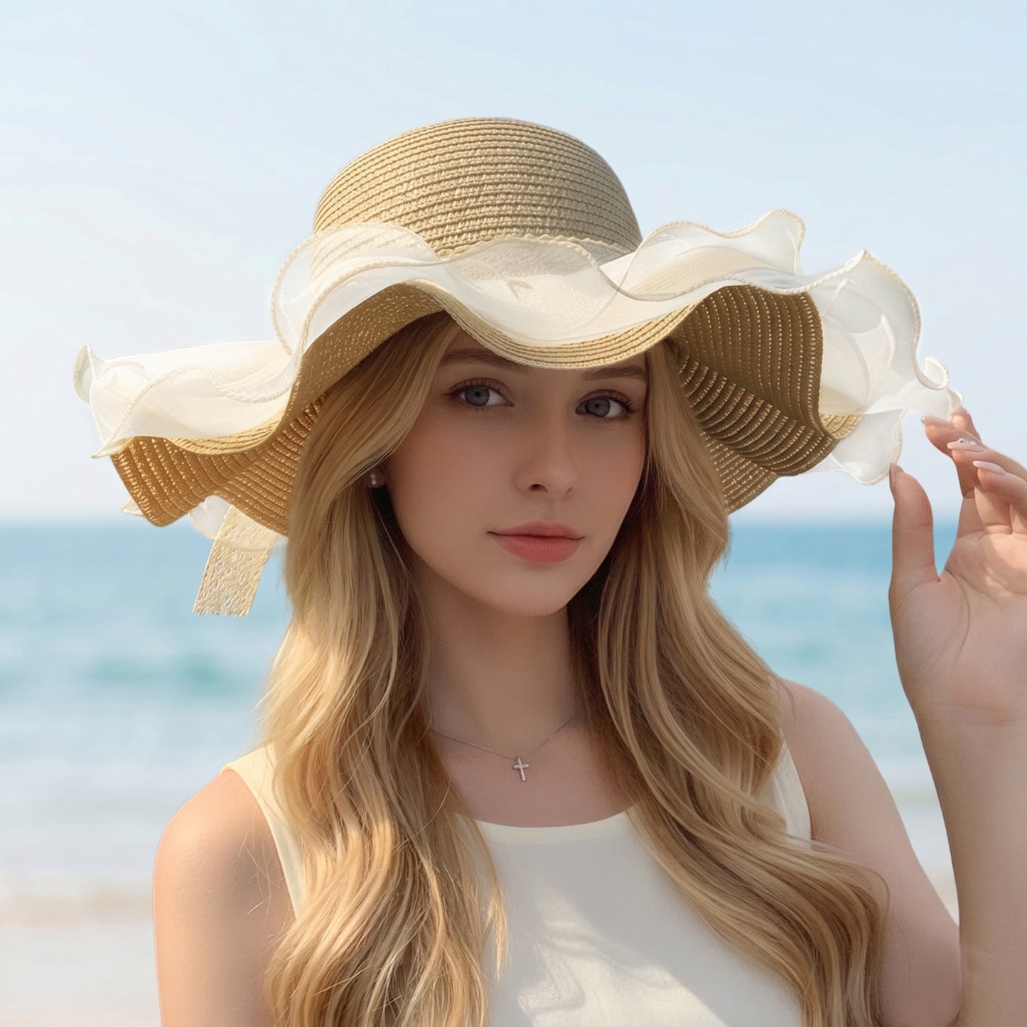 Wide Brim Straw Sun Hat Mesh Trim Elegant Summer Beach Vacation Hat