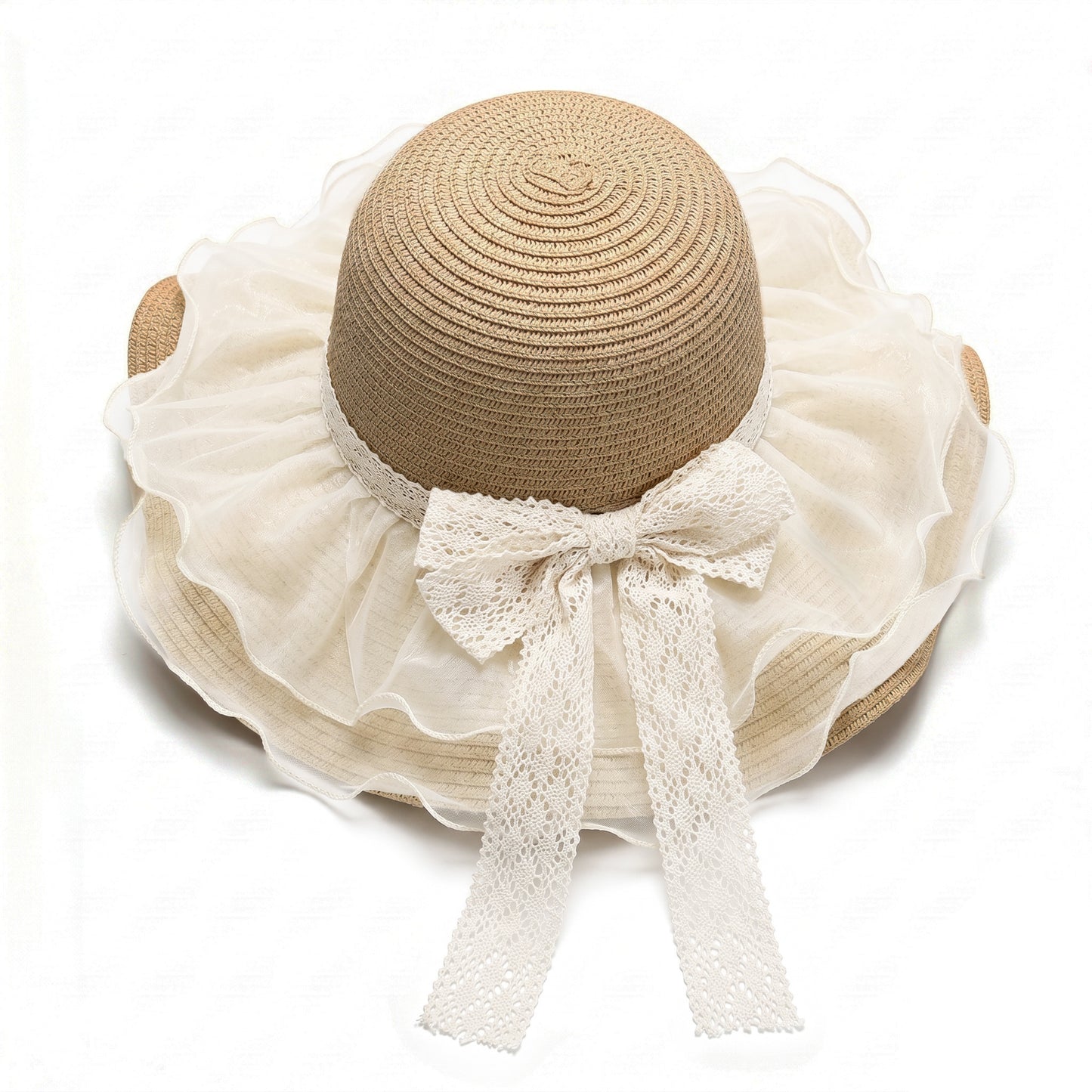 Wide Brim Straw Sun Hat Mesh Trim Elegant Summer Beach Vacation Hat