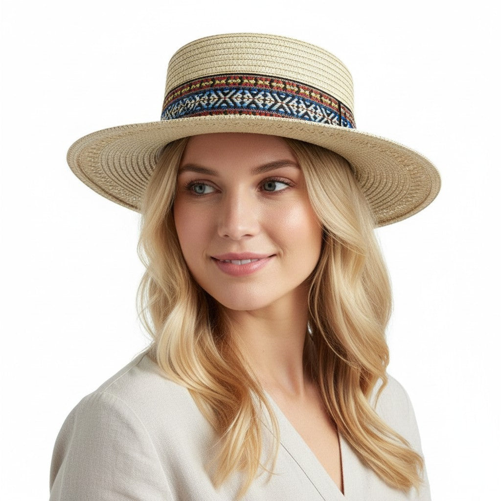 Straw Boater Hat Wide Brim Summer Beach Hat Woven Band Flat Top Sun Hat