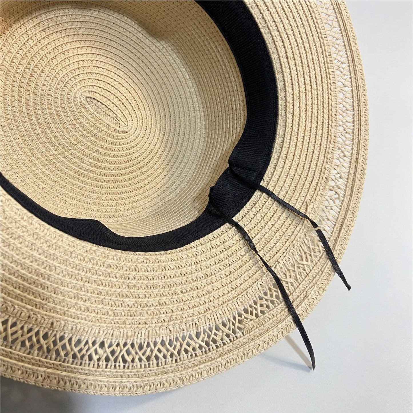Straw Boater Hat Wide Brim Summer Beach Hat Woven Band Flat Top Sun Hat