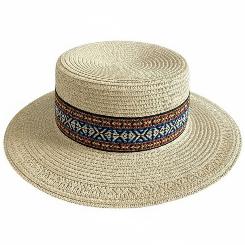 Straw Boater Hat Wide Brim Summer Beach Hat Woven Band Flat Top Sun Hat