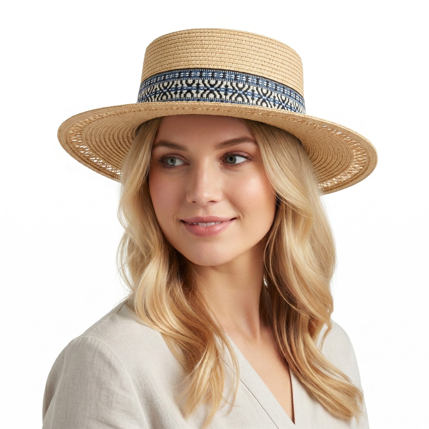 Straw Boater Hat Wide Brim Summer Beach Hat Woven Band Flat Top Sun Hat
