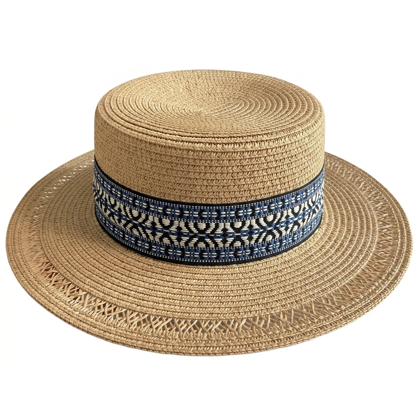 Straw Boater Hat Wide Brim Summer Beach Hat Woven Band Flat Top Sun Hat