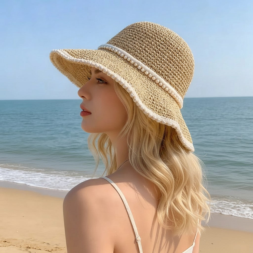 Wide Brim Straw Sun Hat Fabric Trim Beach Vacation UV Protection Summer Hat