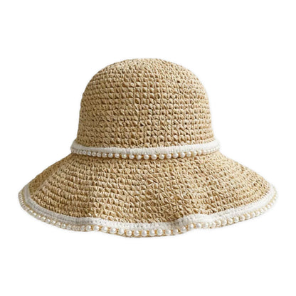 Wide Brim Straw Sun Hat Fabric Trim Beach Vacation UV Protection Summer Hat
