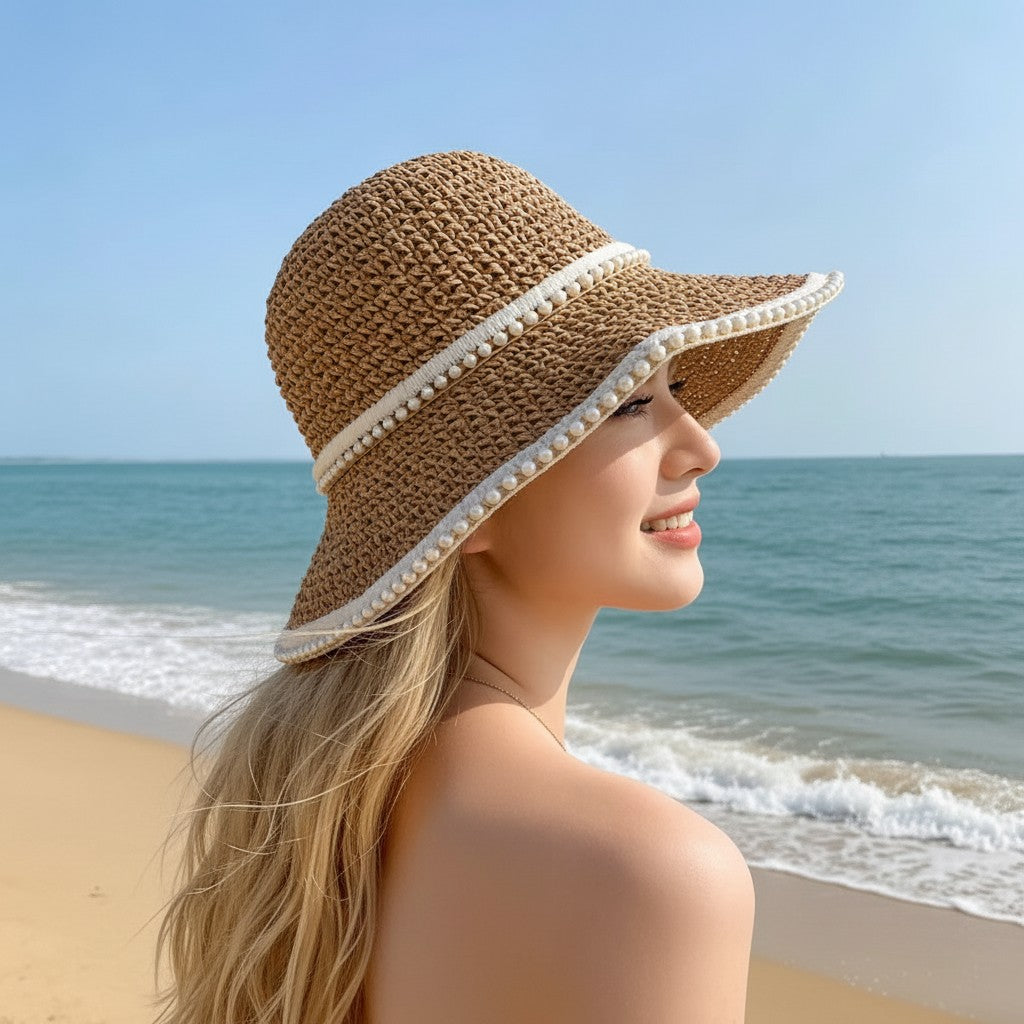 Wide Brim Straw Sun Hat Fabric Trim Beach Vacation UV Protection Summer Hat
