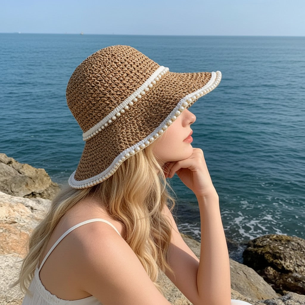 Wide Brim Straw Sun Hat Fabric Trim Beach Vacation UV Protection Summer Hat