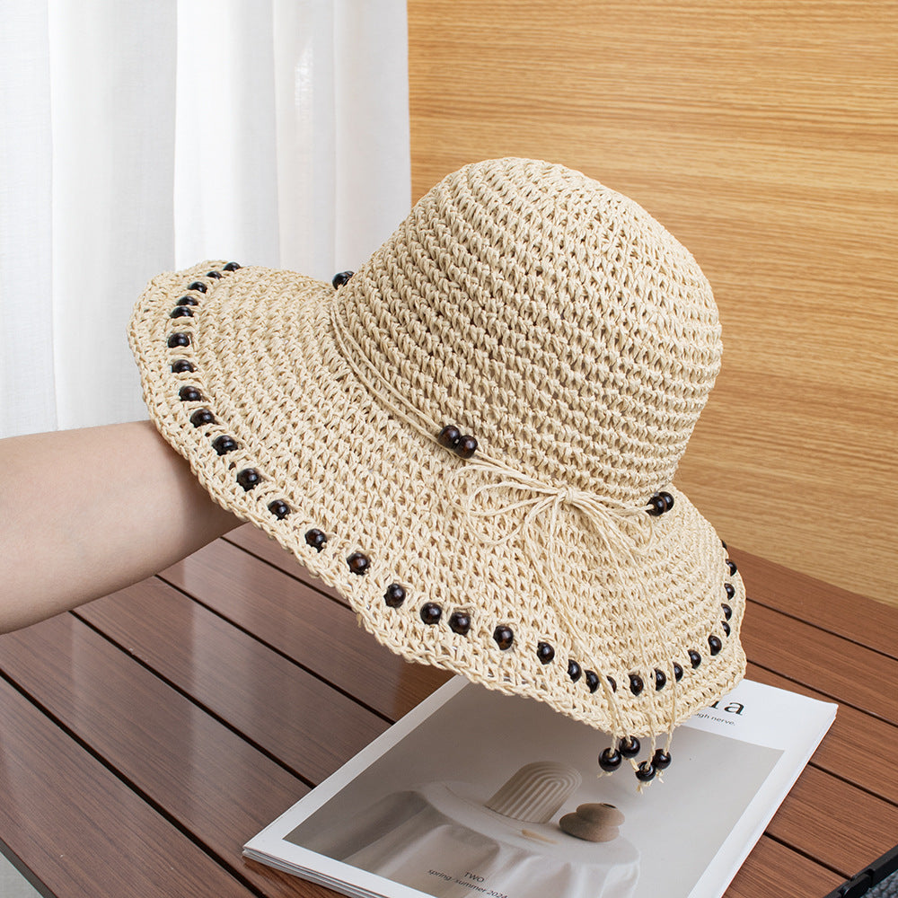 Wide Brim Straw Sun Hat Beaded Trim Handmade Crochet Beach Vacation Hat