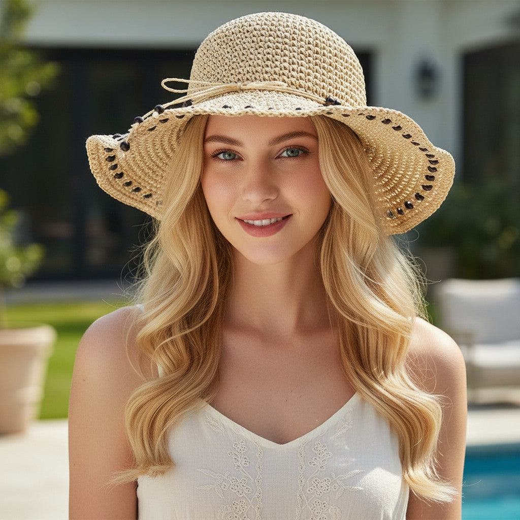 Wide Brim Straw Sun Hat Beaded Trim Handmade Crochet Beach Vacation Hat