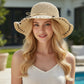 Wide Brim Straw Sun Hat Beaded Trim Handmade Crochet Beach Vacation Hat