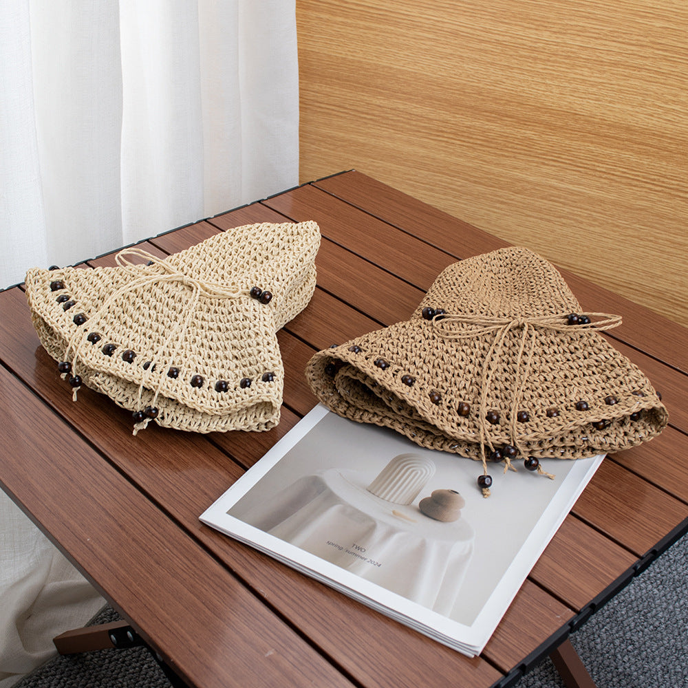 Wide Brim Straw Sun Hat Beaded Trim Handmade Crochet Beach Vacation Hat
