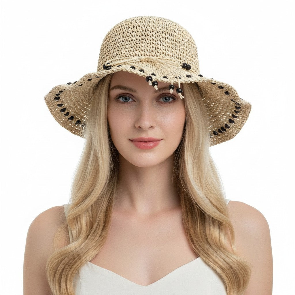 Wide Brim Straw Sun Hat Beaded Trim Handmade Crochet Beach Vacation Hat