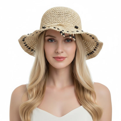 Wide Brim Straw Sun Hat Beaded Trim Handmade Crochet Beach Vacation Hat