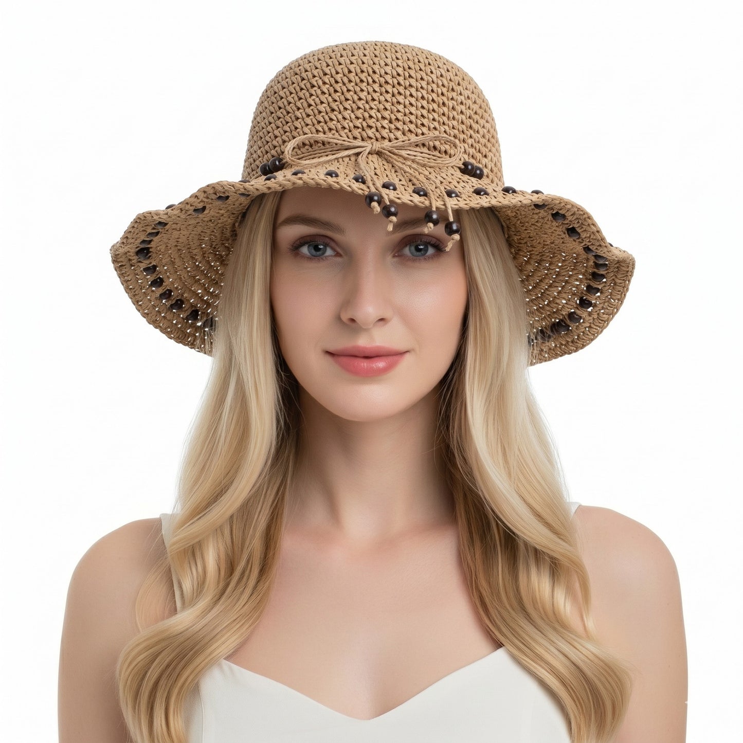 Wide Brim Straw Sun Hat Beaded Trim Handmade Crochet Beach Vacation Hat