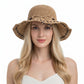 Wide Brim Straw Sun Hat Beaded Trim Handmade Crochet Beach Vacation Hat