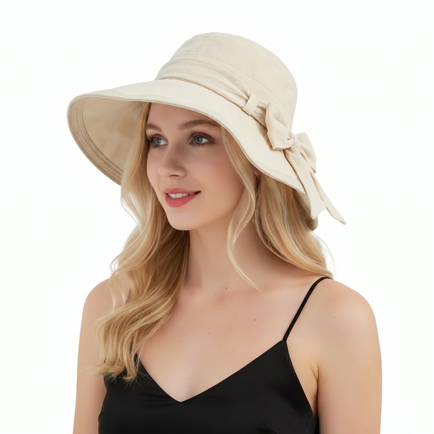 Wide Brim Sun Hat with Bow Lightweight Foldable Beach Vacation Hat