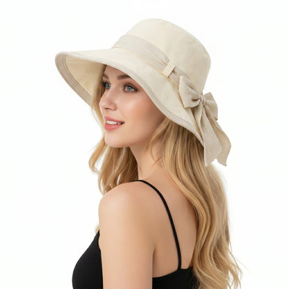 Wide Brim Sun Hat with Bow Lightweight Foldable Beach Vacation Hat