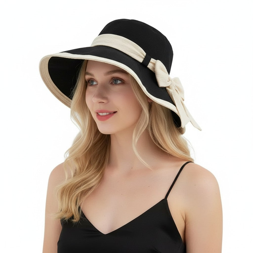 Wide Brim Sun Hat with Bow Lightweight Foldable Beach Vacation Hat